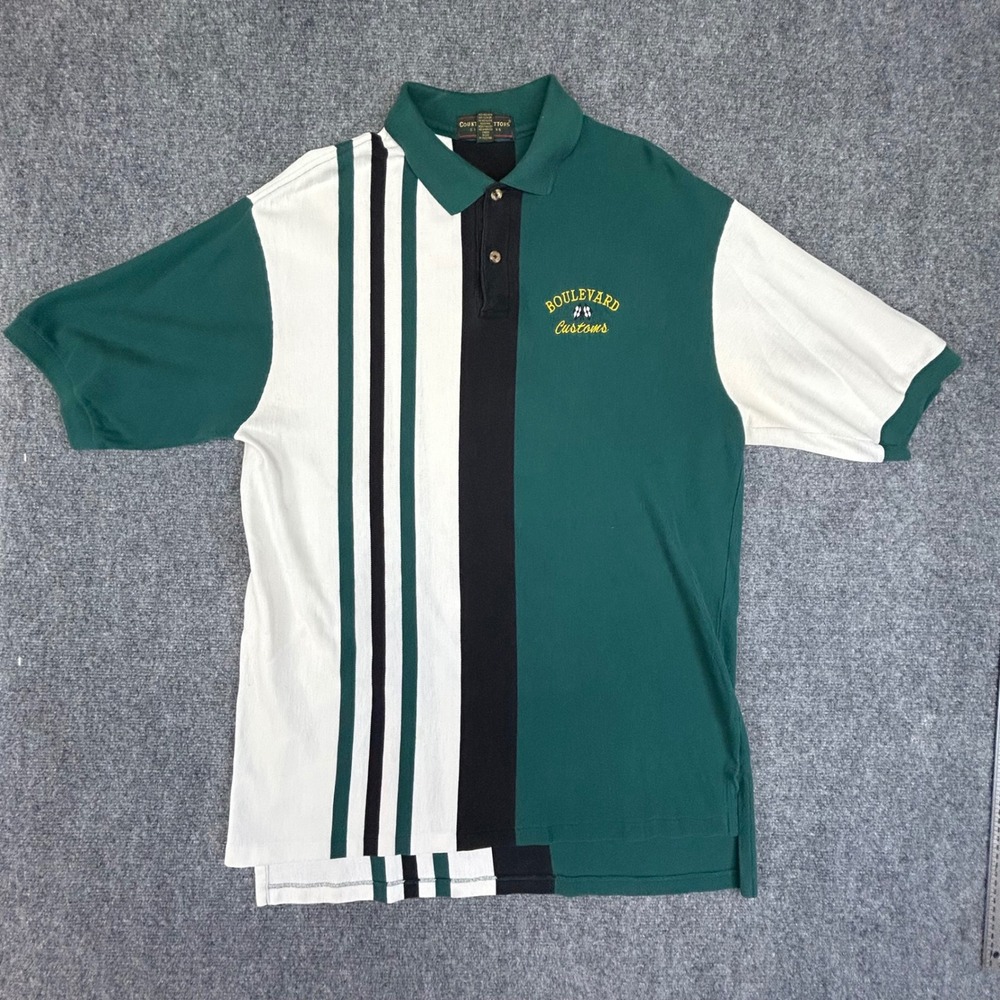 Country Cottons Boulevard Customs Polo Shirt Mens XL Green White Striped‎ USA